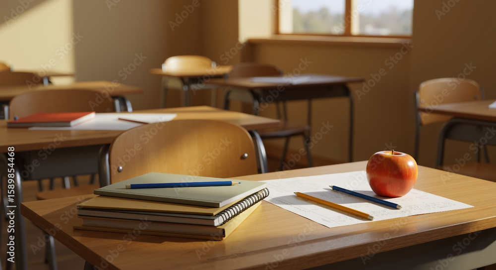 School classroom desk with red apple, notebooks and pencils in warm sunlight. Educational supplies arranged on wooden table with golden light through windows. Learning environment concept School classroom desk with red apple, notebooks and pencils in warm sunlight. Educational supplies arranged on wooden table with golden light through windows. Learning environment concept