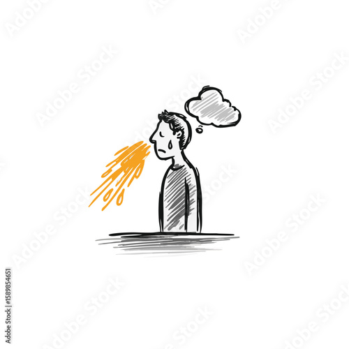 Minimalist Storyboard Panel – Sad Silhouette & Warm Orange Vapor – Line Art Sketch