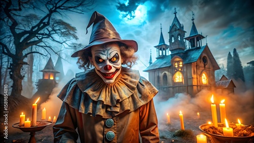 A scary clown with evil eyes stands in front of a haunted house surrounded by candles on a spooky halloween night