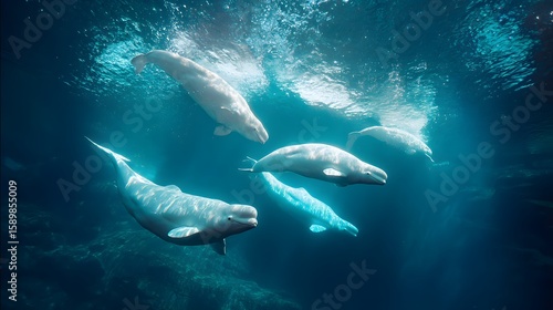 Swimming White Dolphins underwater, pod of aquatic mammals, nature