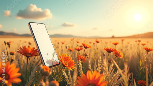 lone smartphone floats amidst sea vibrant swaying wildflowers vast golden arid grassland warm sky