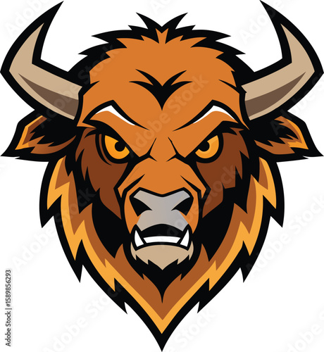 Furious bison head mascot logo with a broken horn design