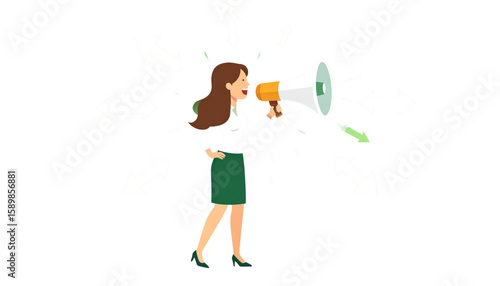 Loud Communication Cartoon Woman Announcing with Megaphone for Business Concepts, Marketing and Promotion, Social Media Campaign
