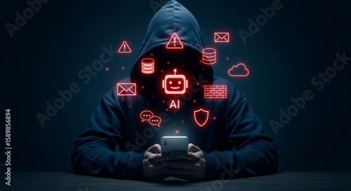 A hooded hacker uses a smartphone with ai icons, symbolizing cybersecurity threats and data breaches in the digital world