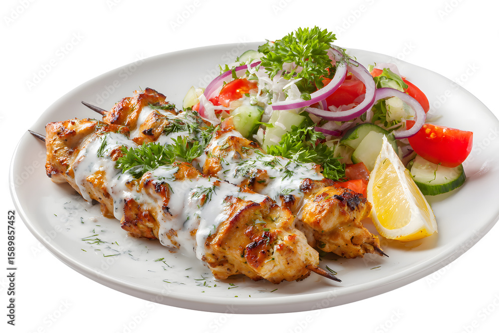 Two chicken shish kebabs and a white dressing sauce on top on a transparent background Two chicken shish kebabs and a white dressing sauce on top on a transparent background