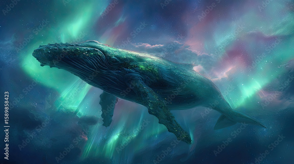 Fototapeta premium Whale in ethereal aurora sky