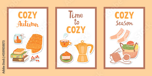 Cozy autumn posters set with knitting, warm socks, books, blanket, candle, coffee maker, cup of drink with marshmallows, cake. Cartoon objects with paper cut shapes, lettering. Vector illustration.