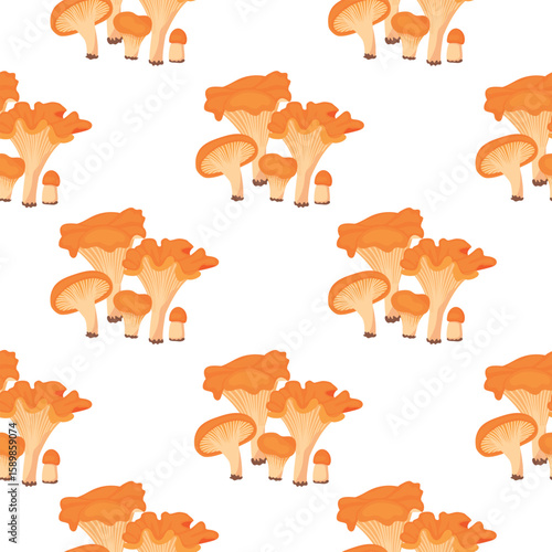 Autumn harvest seamless pattern with mushrooms chanterelles. Forest plants of different sizes. Brown, orange, beige colors on white background. Cartoon print on fabric and paper. Vector illustration.