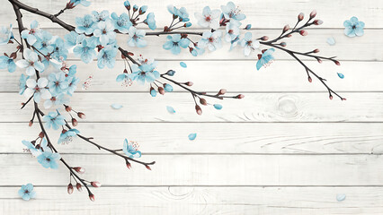 A delicate spring floral border featuring soft pink cherry blossom branches cascading from the top left corner across a light whitewashed wooden background.