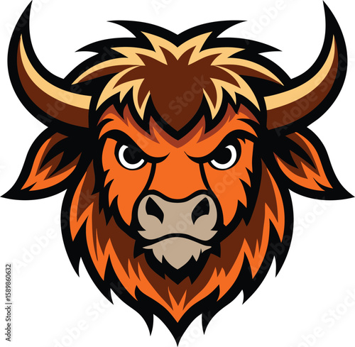 Furious yak head mascot logo with shaggy hair and bold features