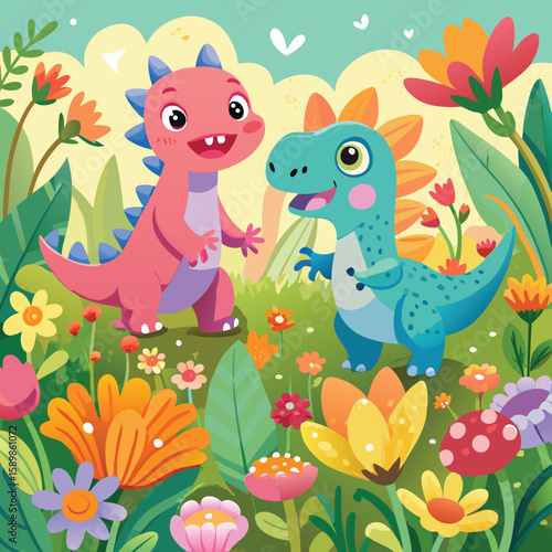 Adorable cartoon dinosaurs frolicking in a colorful garden with vibrant flowers and cheerful atmosphere.