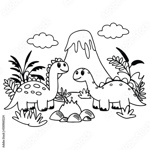 Adorable cartoon dinosaurs roaming through a prehistoric landscape featuring mountains and clouds