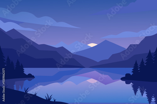 Serene mountain landscape with calm lake reflecting twilight sky and sun peeking over peaks