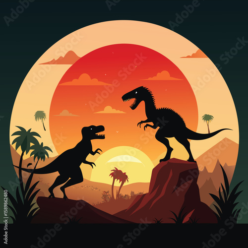 Silhouette dinosaurs in a dramatic sunset landscape vector illustration suitable for various creative projects