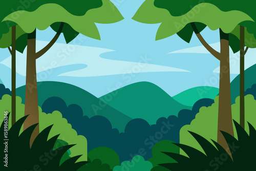 Stylized forest landscape with rolling green hills and a bright blue sky