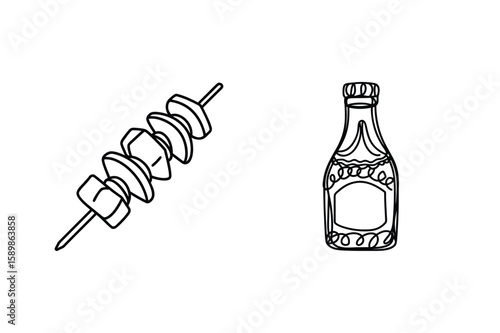 Skewered food and bottle sauce condiment
