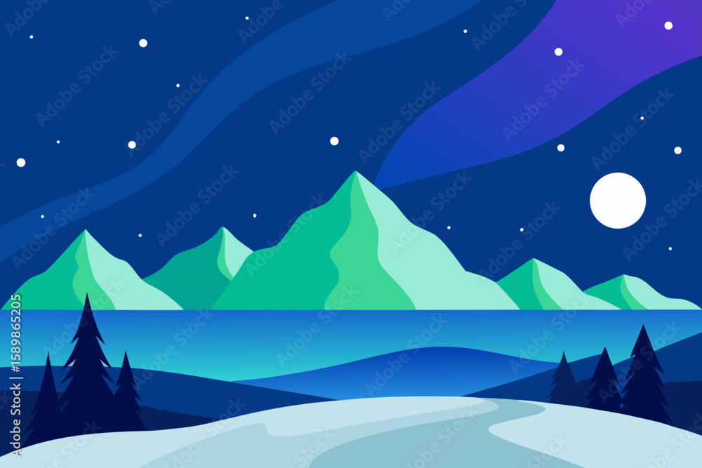 Obraz premium Stylized winter landscape with mountains lake and aurora borealis at night