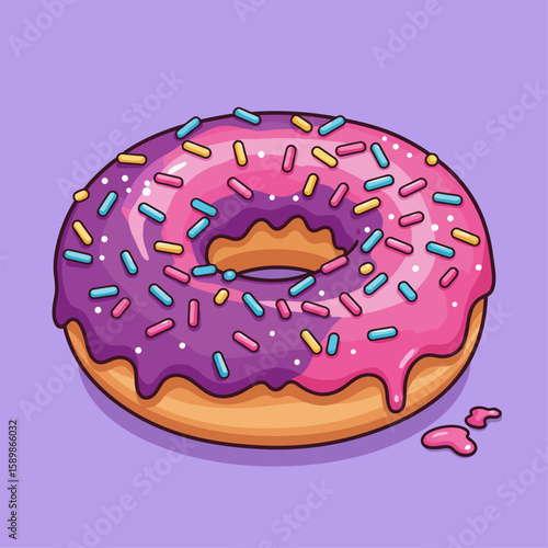 Cartoon illustration of a donut with pink and purple frosting, topped with colorful sprinkles, on a light purple background.