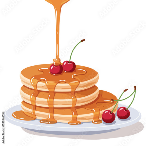 Stack of pancakes drizzled with syrup and topped with cherries on a plate.