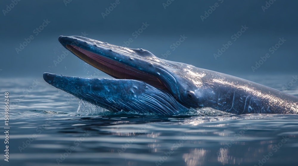 Fototapeta premium Close up view of two whales swimming in the ocean with open mouth and water splashing