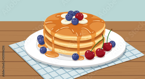 A stack of pancakes topped with blueberries, cherries, and banana slices, drizzled with syrup, on a white plate.
