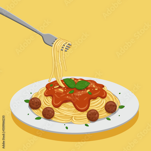 Forkful of spaghetti and meatballs, served on a plate, with a vibrant tomato sauce.