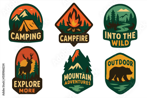 Outdoor Adventure Badge Set, Retro Camping, Hiking, Wildlife and Nature Illustrations for Stickers, Patches and Apparel

