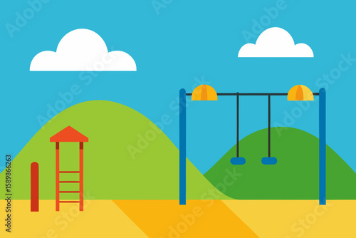 Cartoon playground with swings and climbing frame under a blue sky
