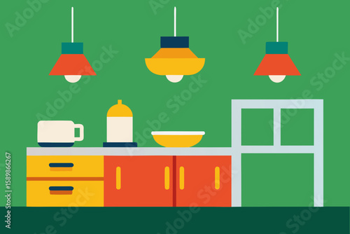 Modern kitchen counter with hanging pendant lights and simple decor
