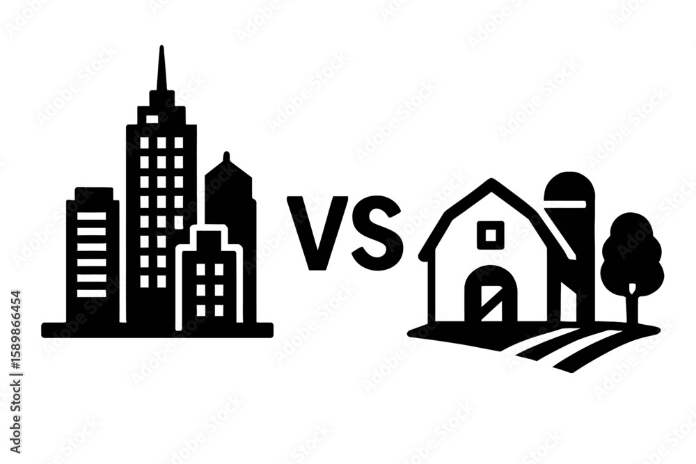 Fototapeta premium City vs Countryside Silhouette Vector Icon – Black and White Comparison of Urban Skyscrapers and Rural Barnhouse Scene with Tree and Silo, Highlighting Contrasting Lifestyles and Landscapes 
