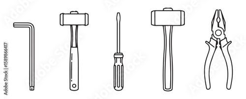 Tools assortment hex wrench screwdriver mallet pliers