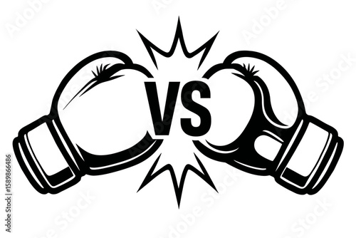 Boxing Gloves Versus Icon – Black and White Vector Illustration of Competing Gloves Facing Off with "VS" Burst Symbol for Sports Matches and Fighting Challenges

