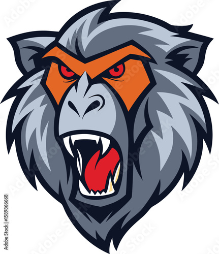 Savage baboon head mascot logo with open jaw and fierce expression