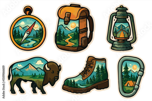 Outdoor Vintage Hiking Equipment and Wilderness Scene Illustration Set, for Stickers, Patches & Adventure Designs

