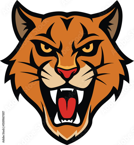 Aggressive roaring cougar head mascot logo with wide open mouth