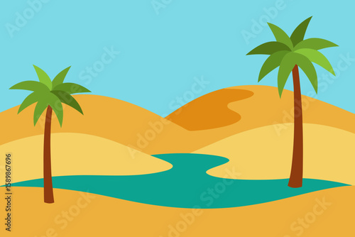 Stylized desert landscape with palm trees and a winding oasis water source