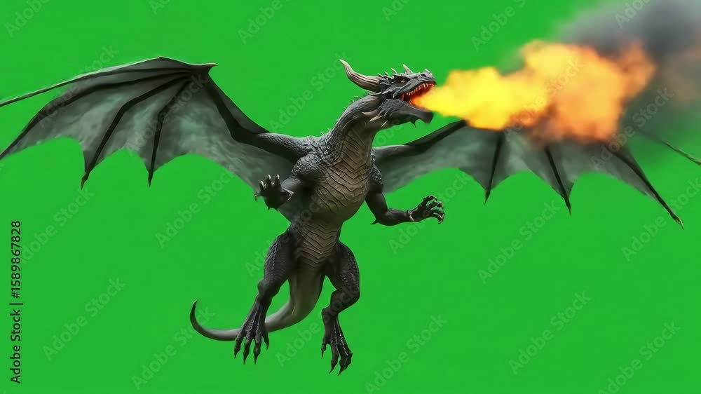 A gray dragon breathes fire against a green screen background A gray dragon breathes fire against a green screen background
