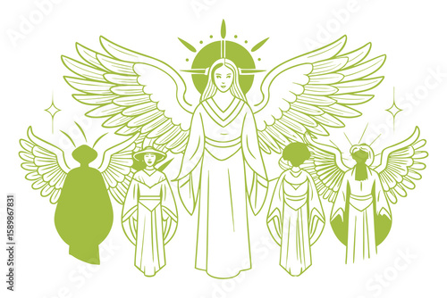 Olive Green Line Art Angels with Large Wings Central Angel Surrounded by Smaller Angels vector