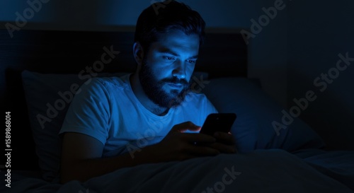 Man Using Smartphone in Bed at Night
