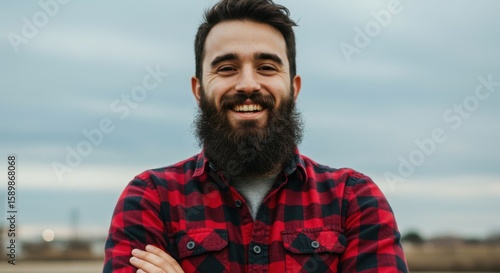 Cheerful Portrait of a Confident Bearded Man in a Red Plaid Shirt

