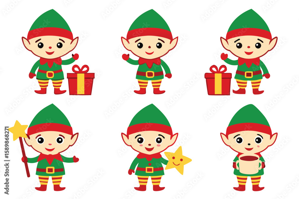 Six Cute Christmas Elves Cartoon Characters Green Red Yellow Holding Gifts Star Mug christmas elf Six Cute Christmas Elves Cartoon Characters Green Red Yellow Holding Gifts Star Mug christmas elf