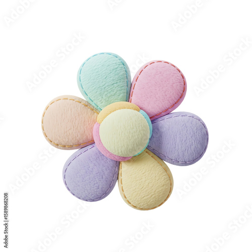 A soft pastel colored flower plush toy isolated on transparent background