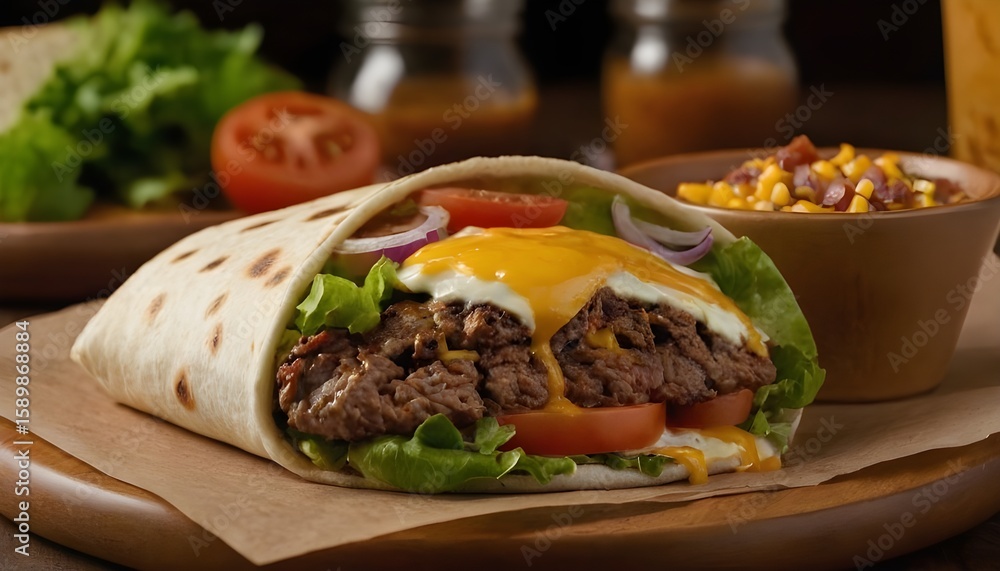 delicious cheeseburger in a tortilla wrap with tomatoes, lettuce, onions, and sauce delicious cheeseburger in a tortilla wrap with tomatoes, lettuce, onions, and sauce