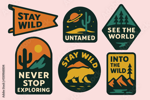 Vintage Wilderness Badge Set, Retro Adventure, Hiking, Camping, and Outdoor Explore Illustrations. Perfect for stickers, patches, t-shirts, and other designs.