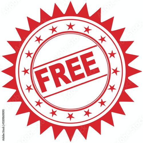 Bold red “FREE” stamp with starburst border, Promotional badge for discounts and free offers