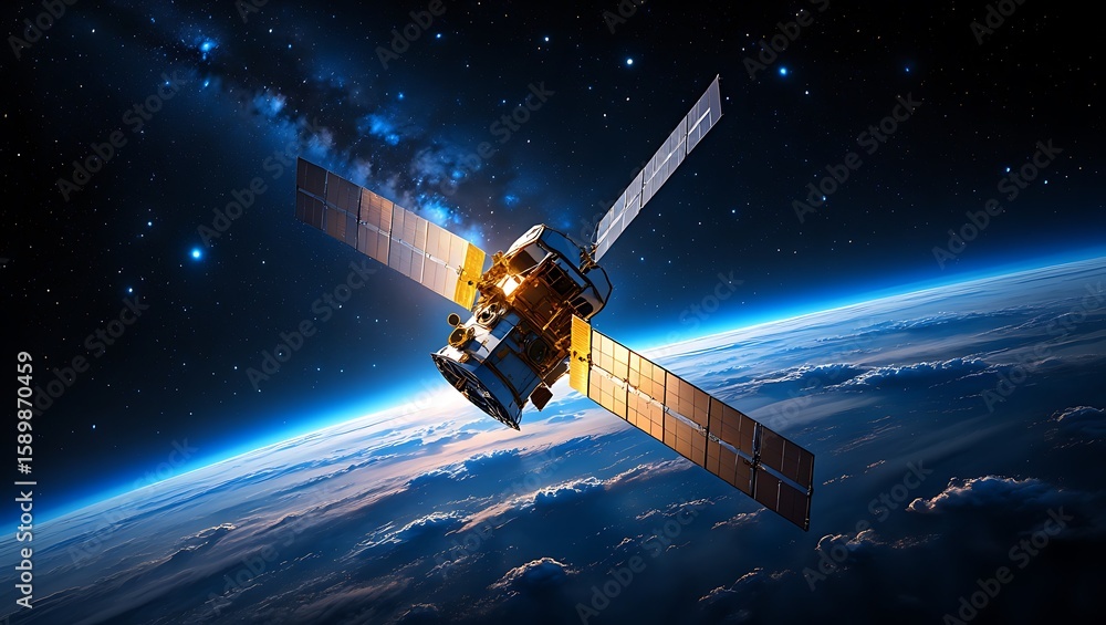 Fototapeta premium Advanced Satellite Technology Orbiting Planet Earth with Solar Panels Gleaming in Cosmic Light