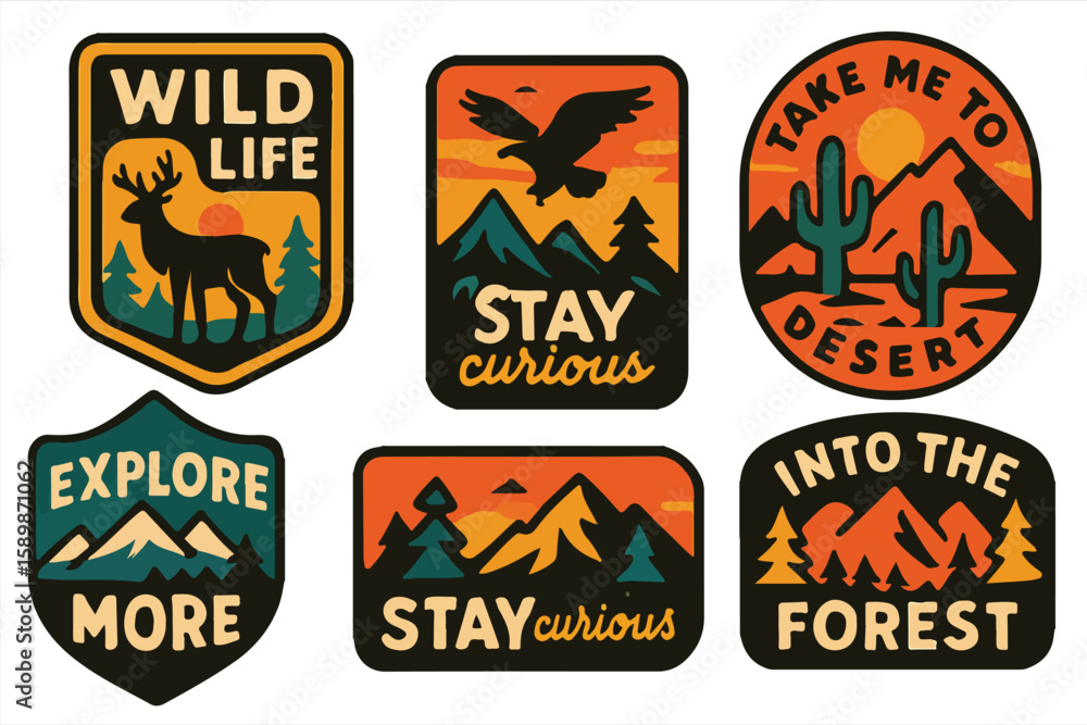Obraz premium Wildlife and Nature Badge Set, Retro Adventure Patches with Desert, Forest, Mountains, Eagle, Deer & Outdoor Slogans, Perfect for Stickers, Patches, T-Shirts and Travel-Themed Designs