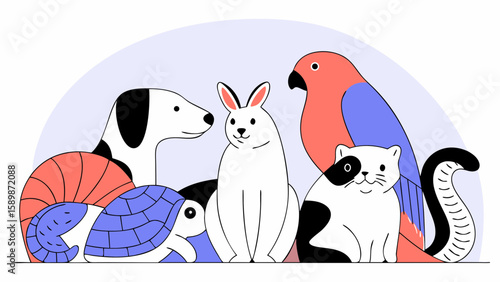 Illustration of domestic animals including dog cat rabbit parrot turtle and snake for pet lovers art