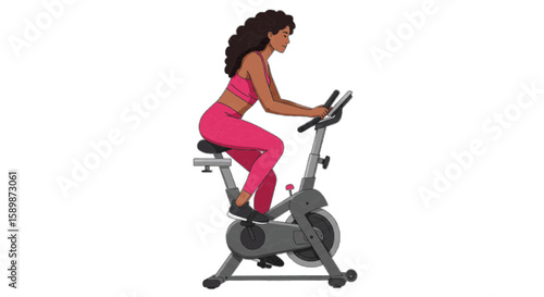 Woman using stationary bike, side view vector