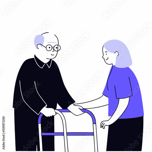 Illustration of senior man using walker with caregiver assistance for daily living and rehabilitation care